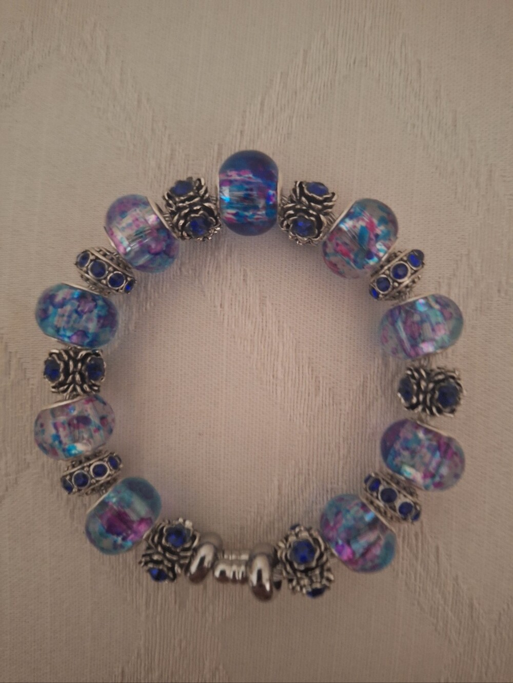 Blue & Fusha Marbled Glass Bead Bracelet